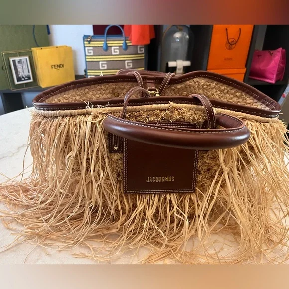 Jacquemus Le Panier Soli fringe raffia tote bag with brown leather trim - Picture 8 of 13